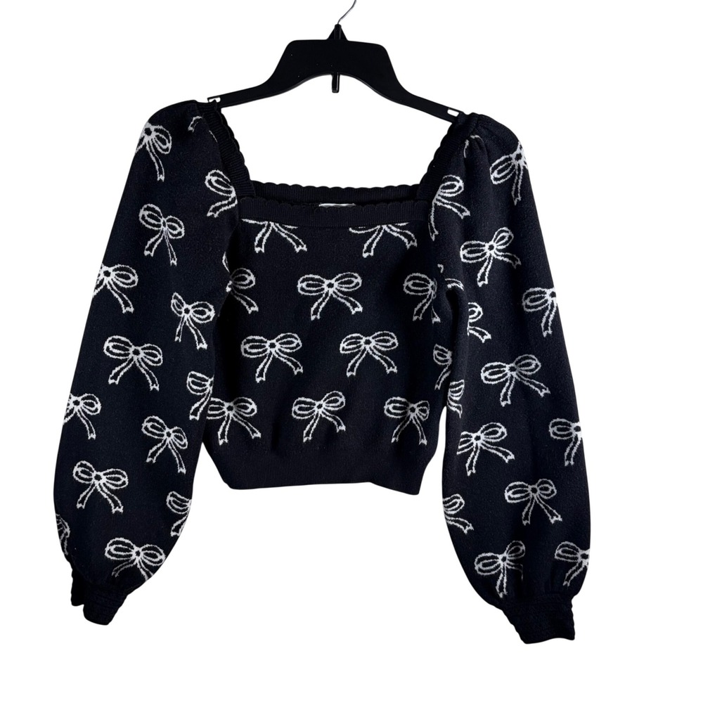 Willow & Wind Bow Knit Cropped Sweater Puff Sleeve Square Neck Coquette M